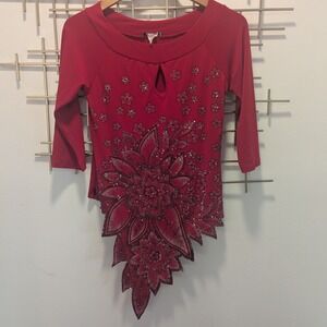 VTG Y2K Red Floral Rhinestone Embellished Keyhole Neck Handkercheif Hem Top Med